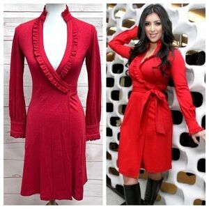 Diane Von Furstenburg Cherry Red Wool Volante Ruffle Wrap Dress
